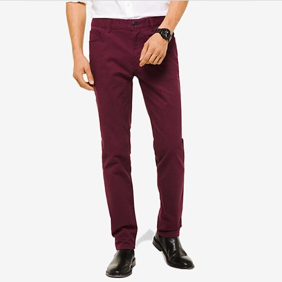 Michael Kors Mens 36 x 32 Pants Slim Fit Stretch Deep Ruby Red Burgundy Pants - Picture 1 of 13